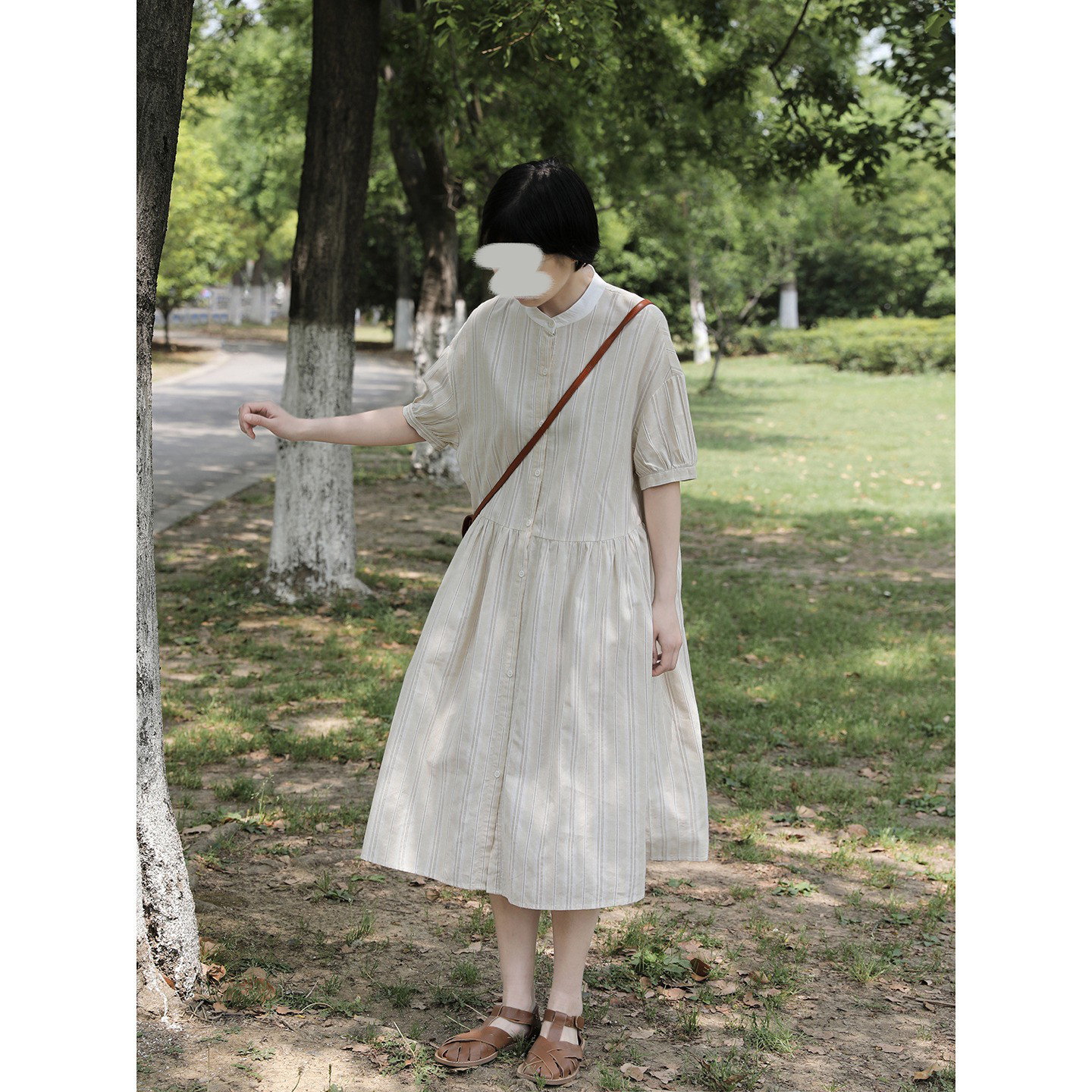 レディース 綿ワンピース 半袖 スタンドカラー ボーダー柄 ミモレ丈 シャツワンピ