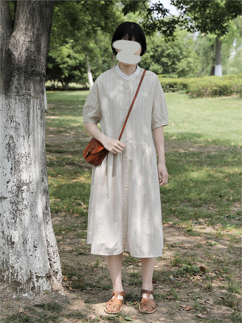 レディース 綿ワンピース 半袖 スタンドカラー ボーダー柄 ミモレ丈 シャツワンピ