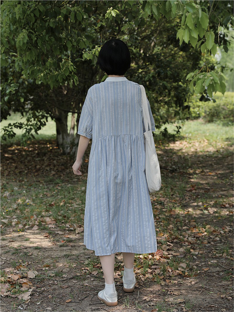 レディース 綿ワンピース 半袖 スタンドカラー ボーダー柄 ミモレ丈 シャツワンピ