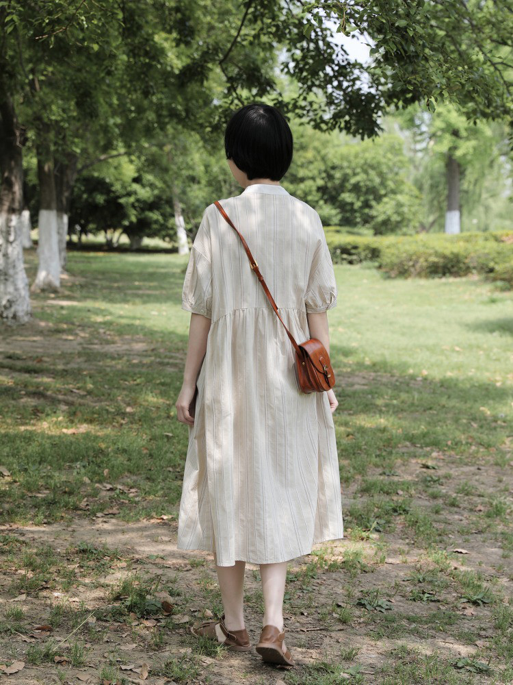 レディース 綿ワンピース 半袖 スタンドカラー ボーダー柄 ミモレ丈 シャツワンピ