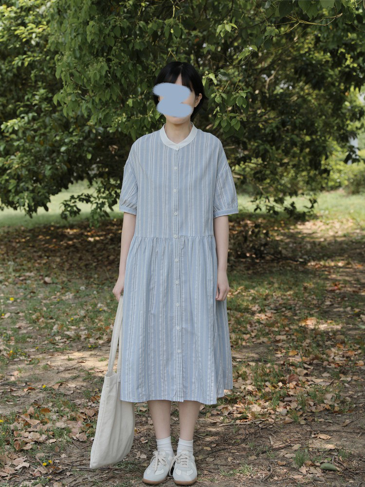 レディース 綿ワンピース 半袖 スタンドカラー ボーダー柄 ミモレ丈 シャツワンピ