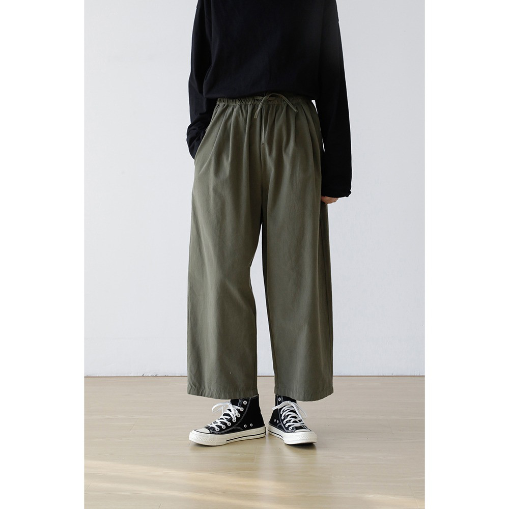 レディース 綿パンツ ハイウエスト ウエストゴム ゆったり ロング丈 ワイドパンツ