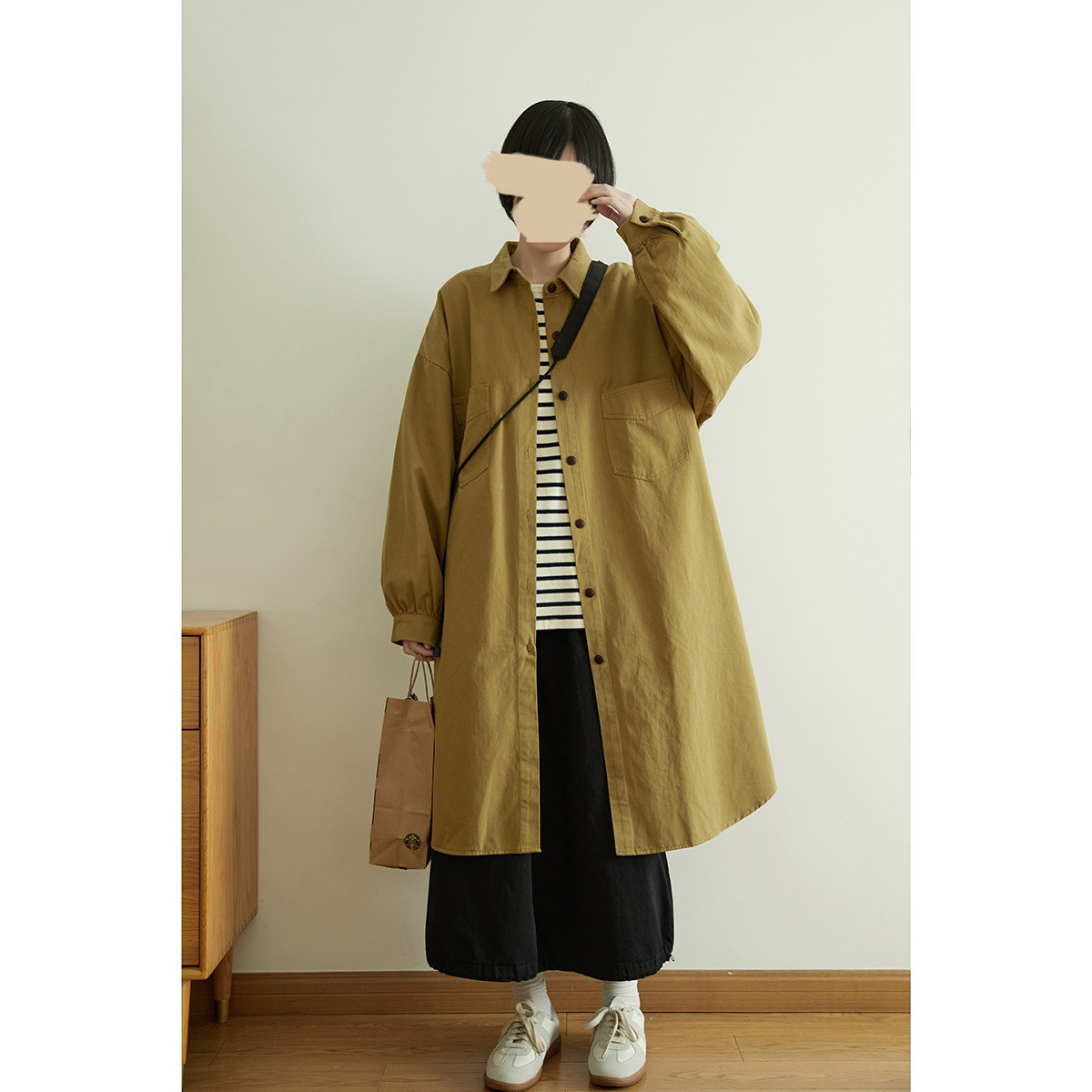 レディース 綿シャツジャケット ミディ丈 ゆったり 長袖 トレンチ風アウター