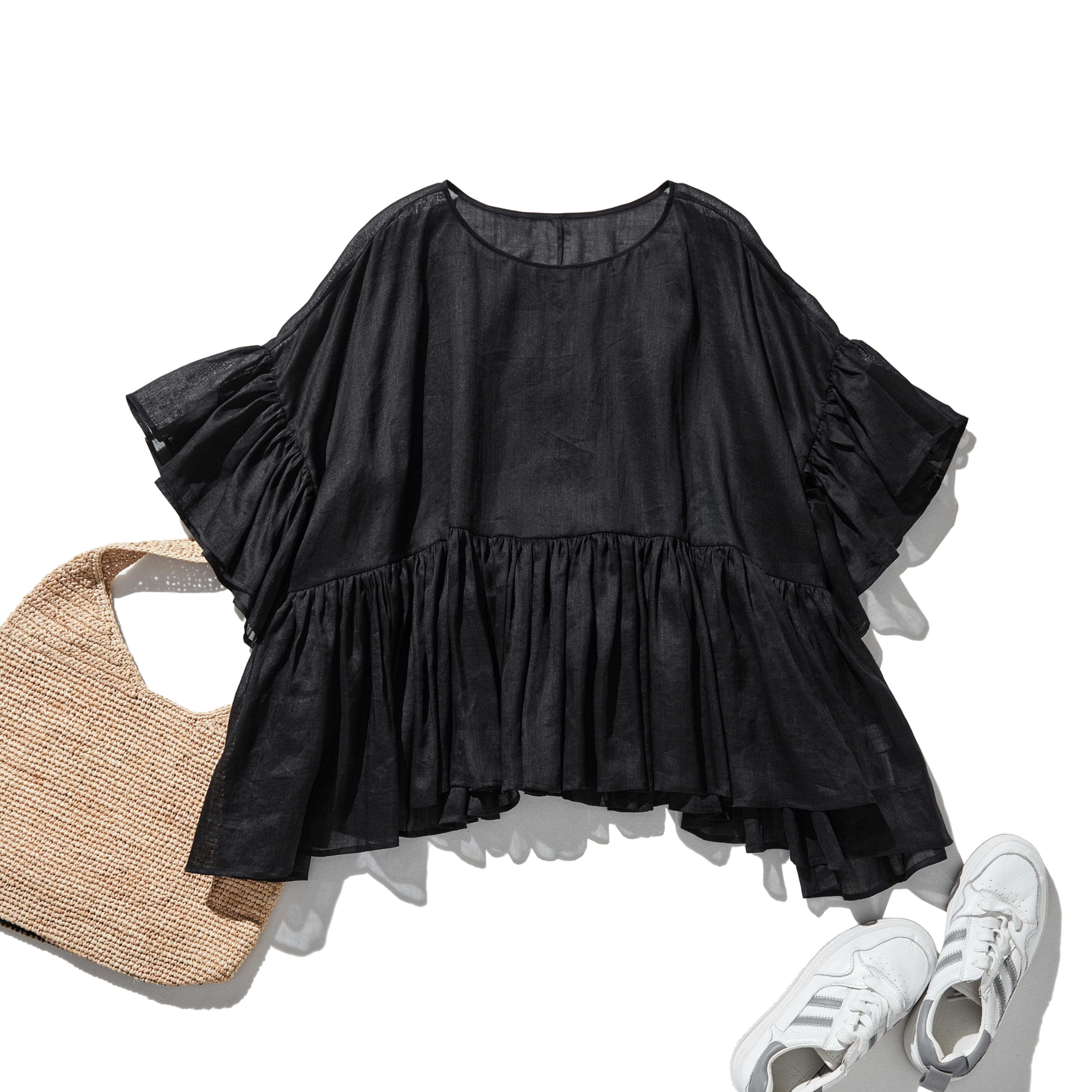 ふんわりエアリーポトップ プルオーバータイプ 麻100％ブラウス　ブラック　250709-2