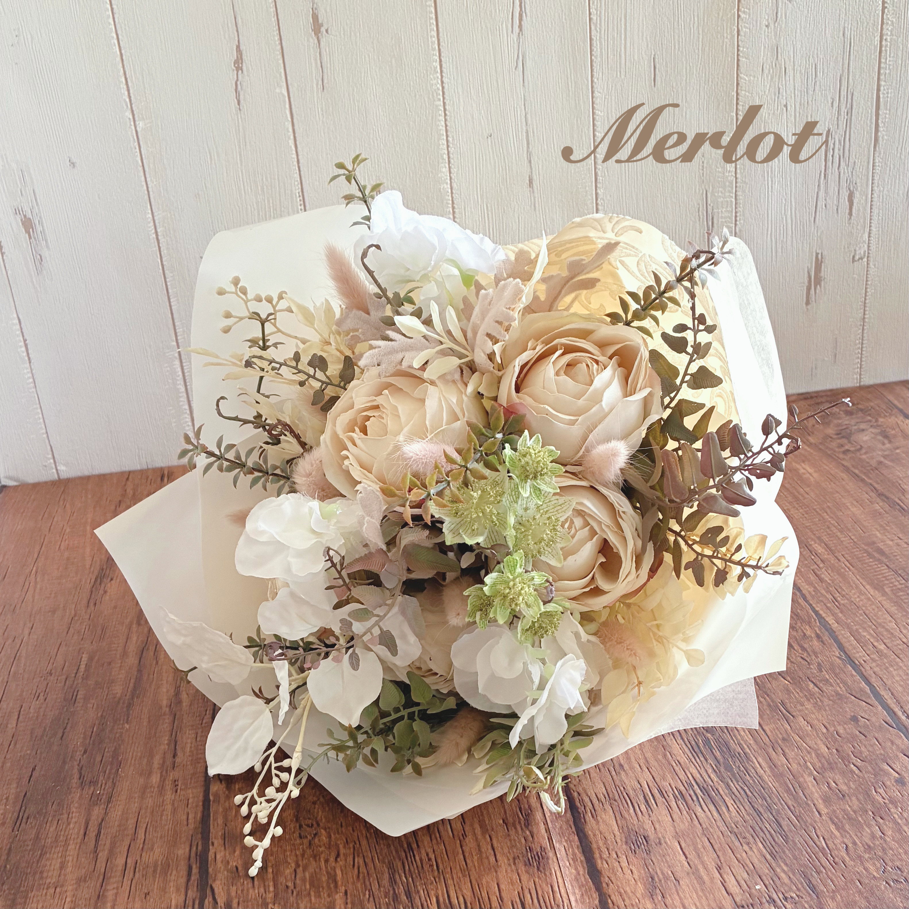 イングリッシュローズのアンティークブーケ アートフラワー フェミニン パステルカラー セピア ナチュラル トスブーケ