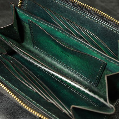 世界最小クラスの長財布】アンティーク手染めの高級レザー グリーン