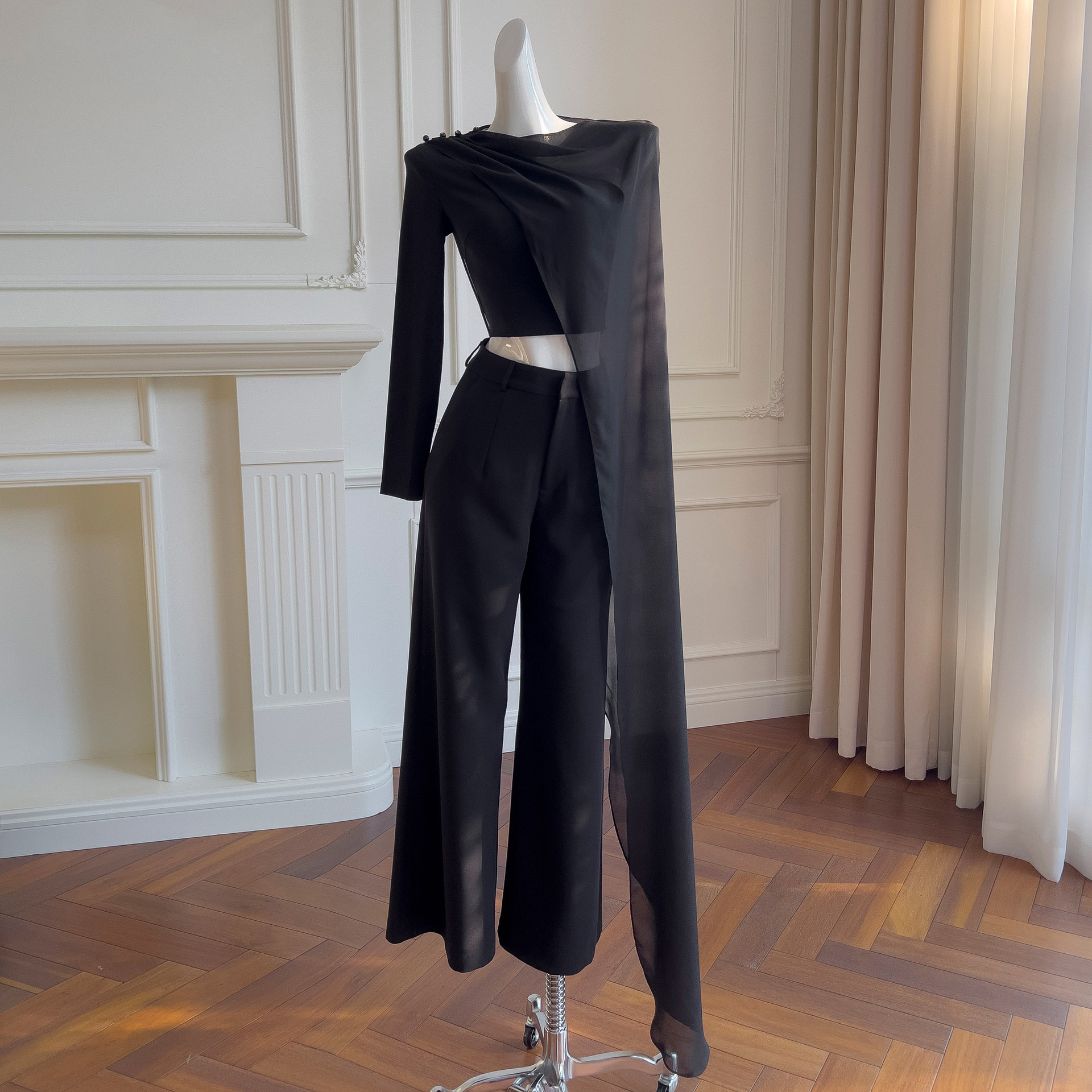 上下セット 秋服 ウェディング ロングパンツ 長袖 黒 上品 韓国風 同窓会 お呼ばれ 71463+51382