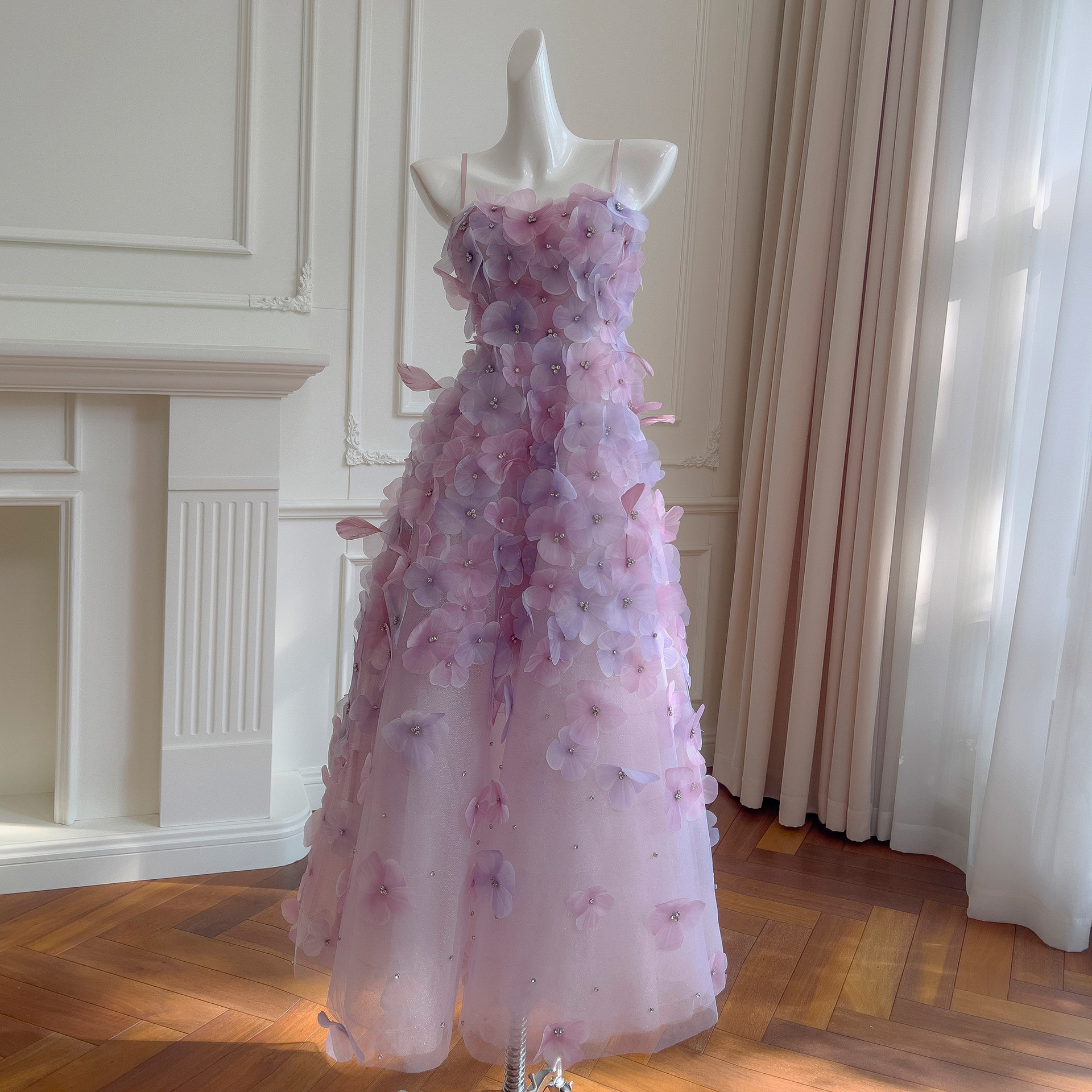 カラードレス ウェディングドレス ロング ワンピース ノースリーブ 紫立体花 上品 韓国風 同窓会 お呼ばれ 69234