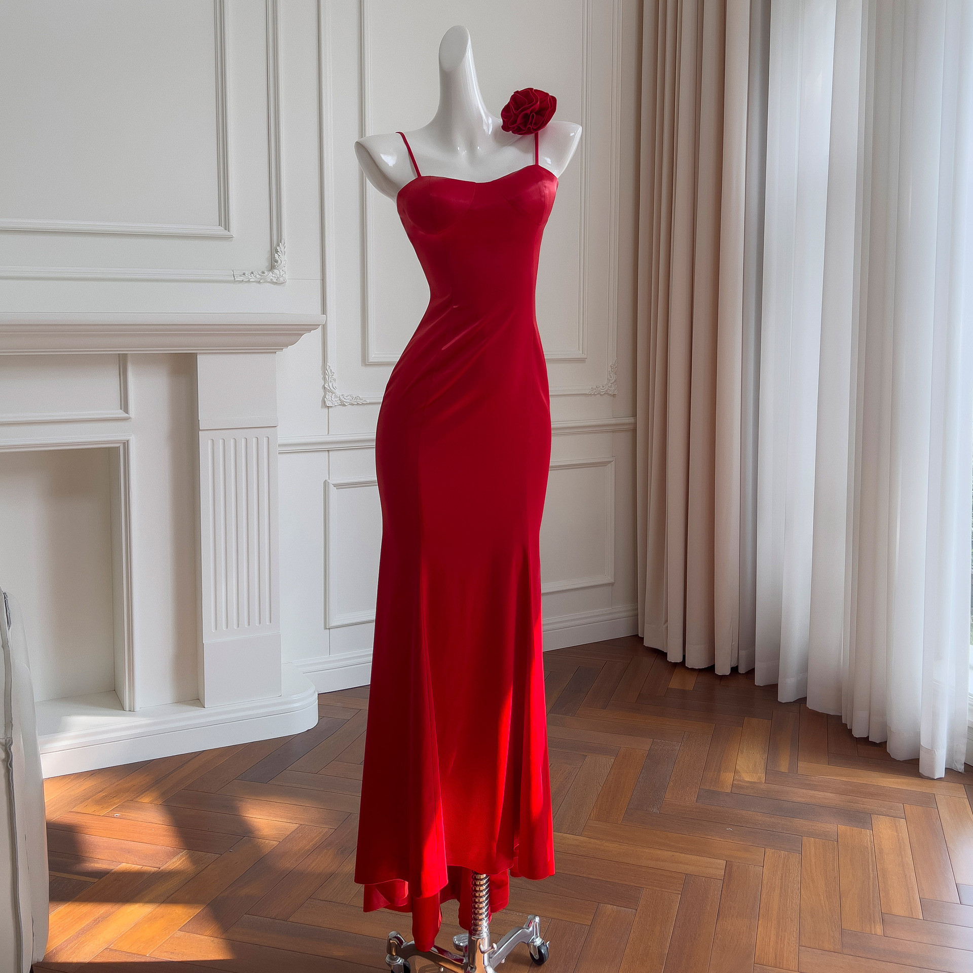 カラードレス ウェディングドレス ロング ワンピース ノースリーブ 赤 花 上品 韓国風 同窓会 お呼ばれ 69326