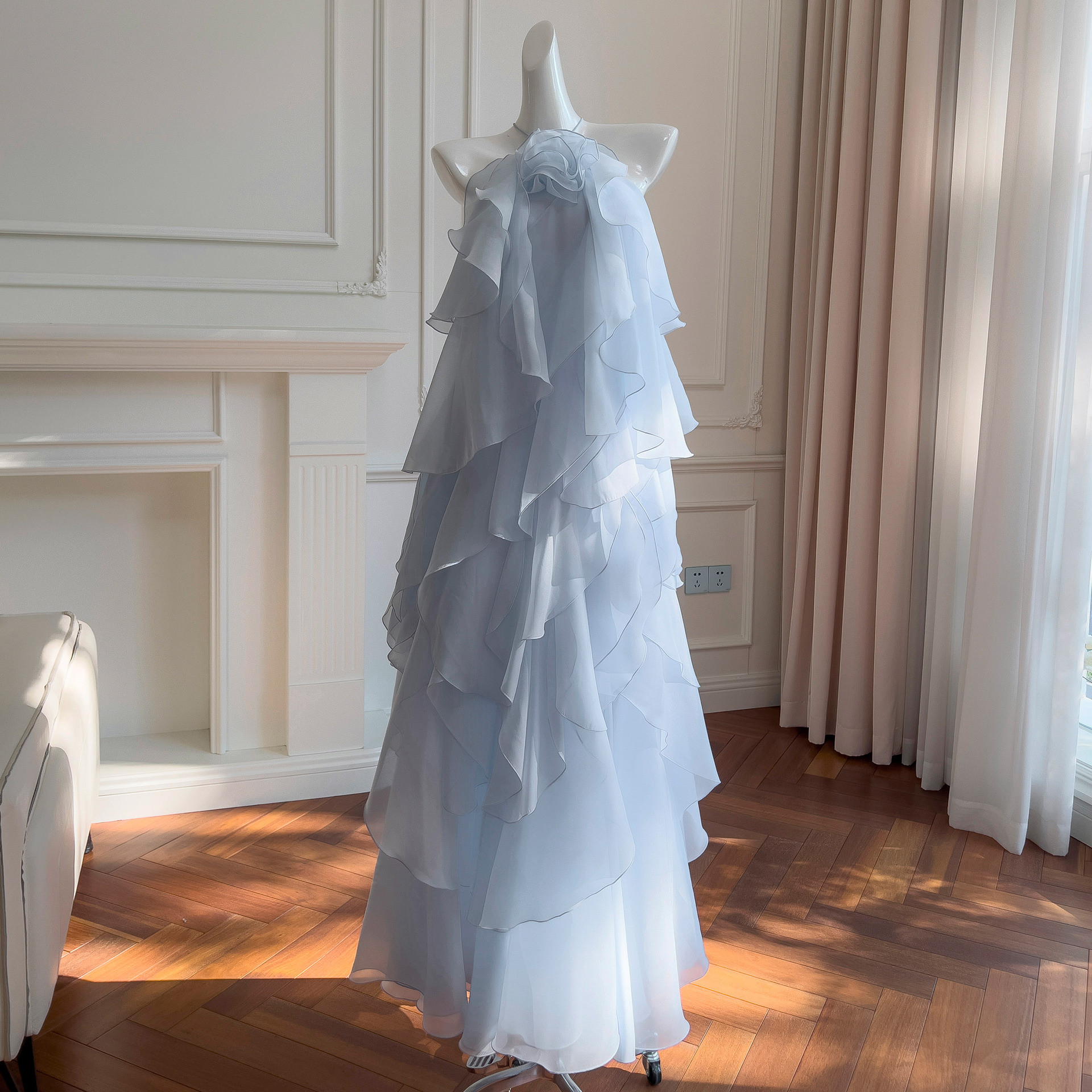 カラードレス ウェディングドレス ロング ワンピース ノースリーブ 青 可愛い 優雅 上品 韓国風 お呼ばれ 69320