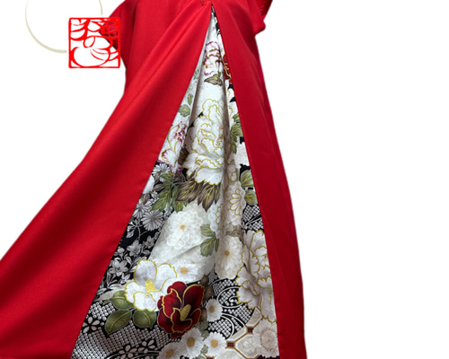 振袖 着物リメイク スッキリ切替ドレス 和柄 ワンピース 赤×椿や大輪花