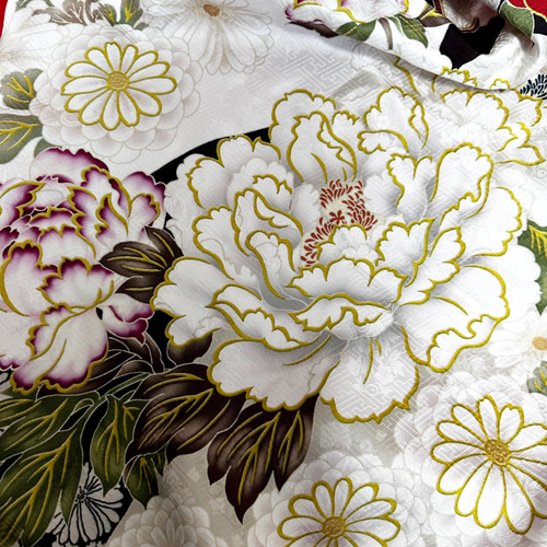 振袖 着物リメイク スッキリ切替ドレス 和柄 ワンピース 赤×椿や大輪花