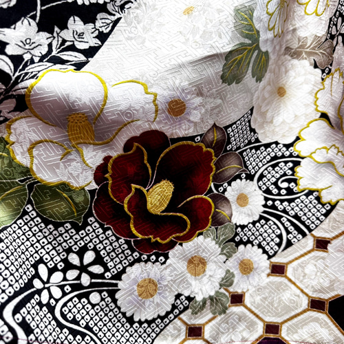 振袖 着物リメイク ドレス 黒×椿や菊 和柄 ワンピース