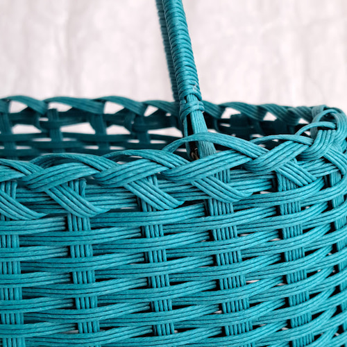 受注製作】菱型模様 エコクラフトかごバッグ ターコイズブルー