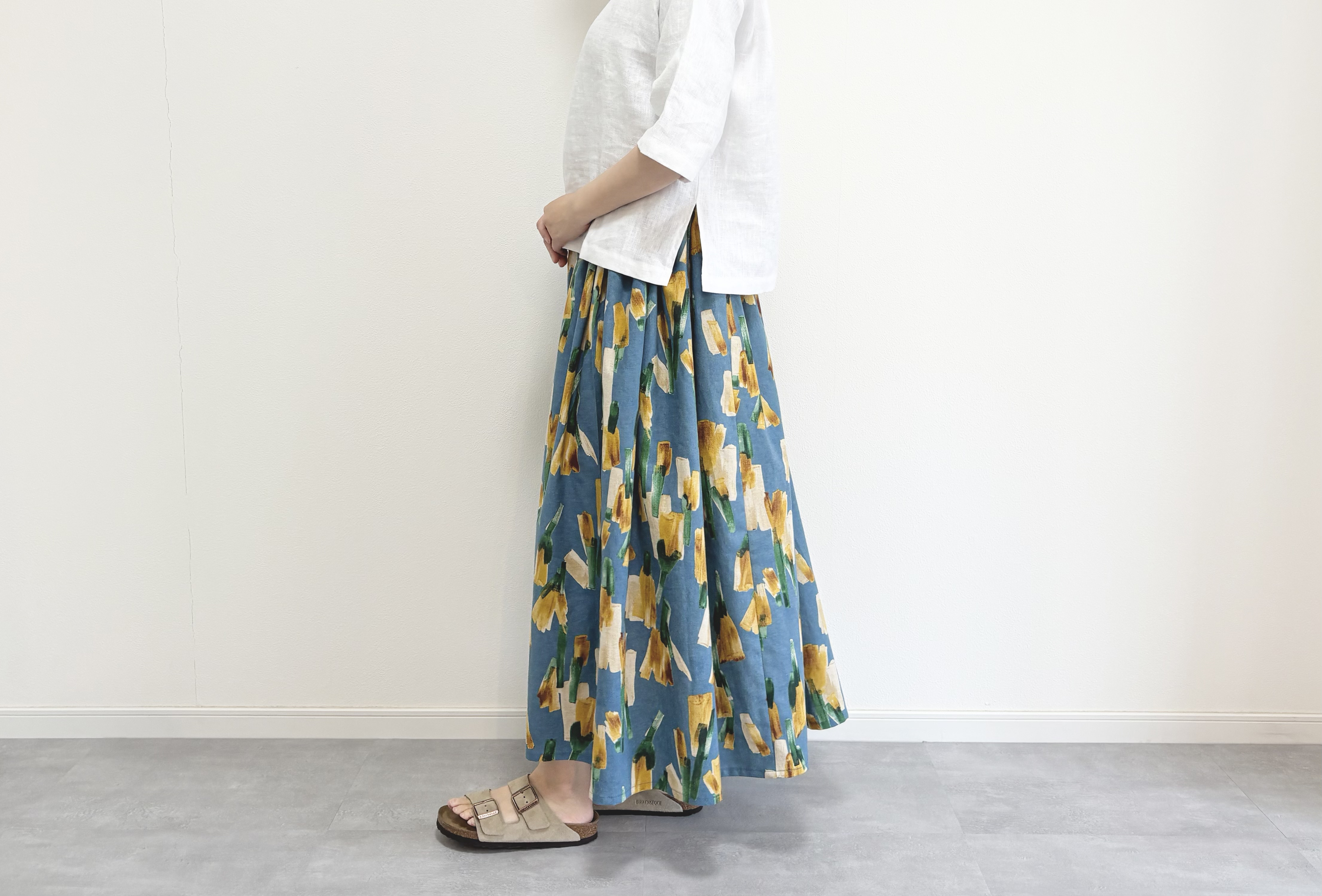 人気スカート色違い♦︎ランダムペイント柄コットンリネンスカート　スカイブルー×イエロー