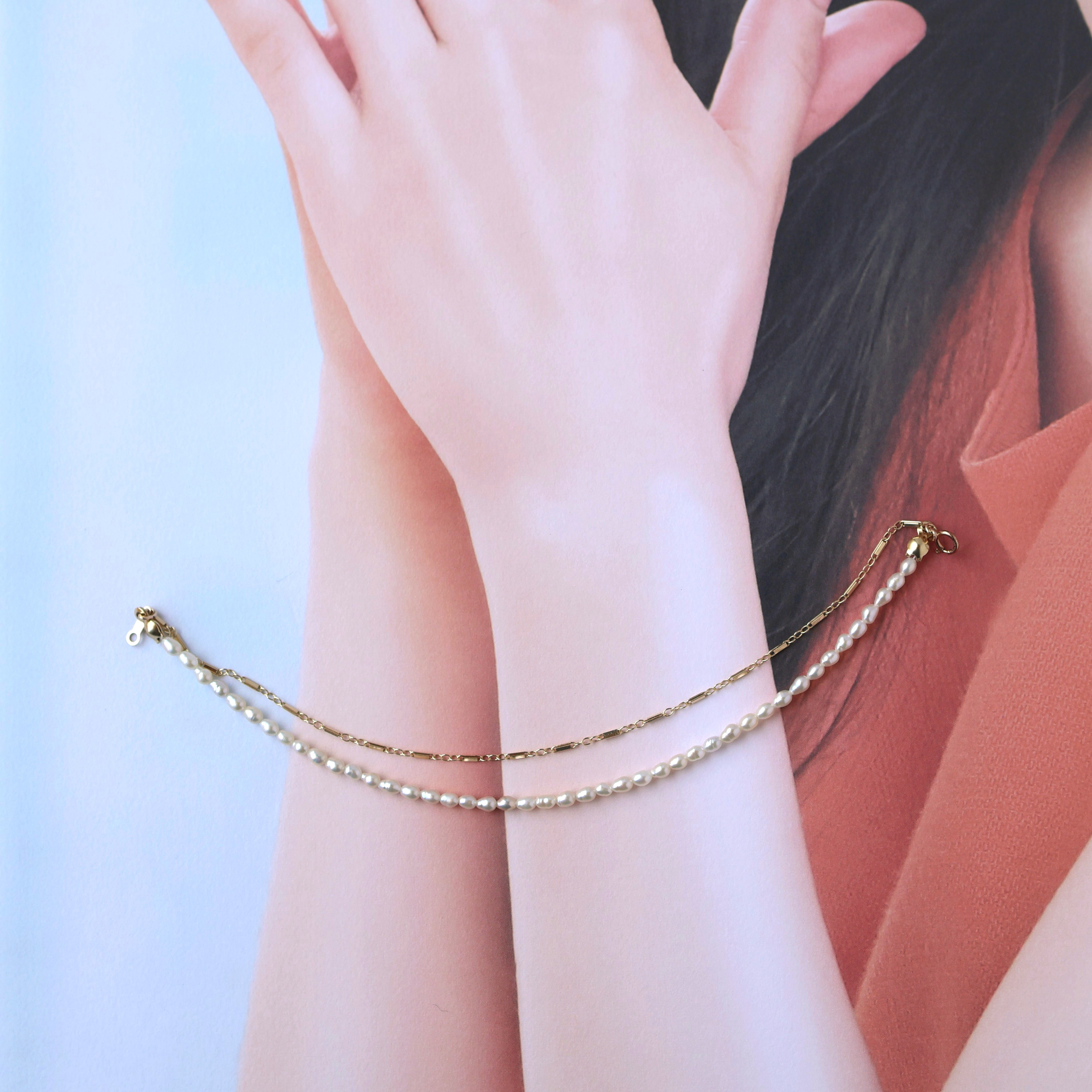 パールとチェーンの2連ブレスレット　パール　２連ブレスレット　14kgfブレスレット　仕事　シンプル　ハレの日