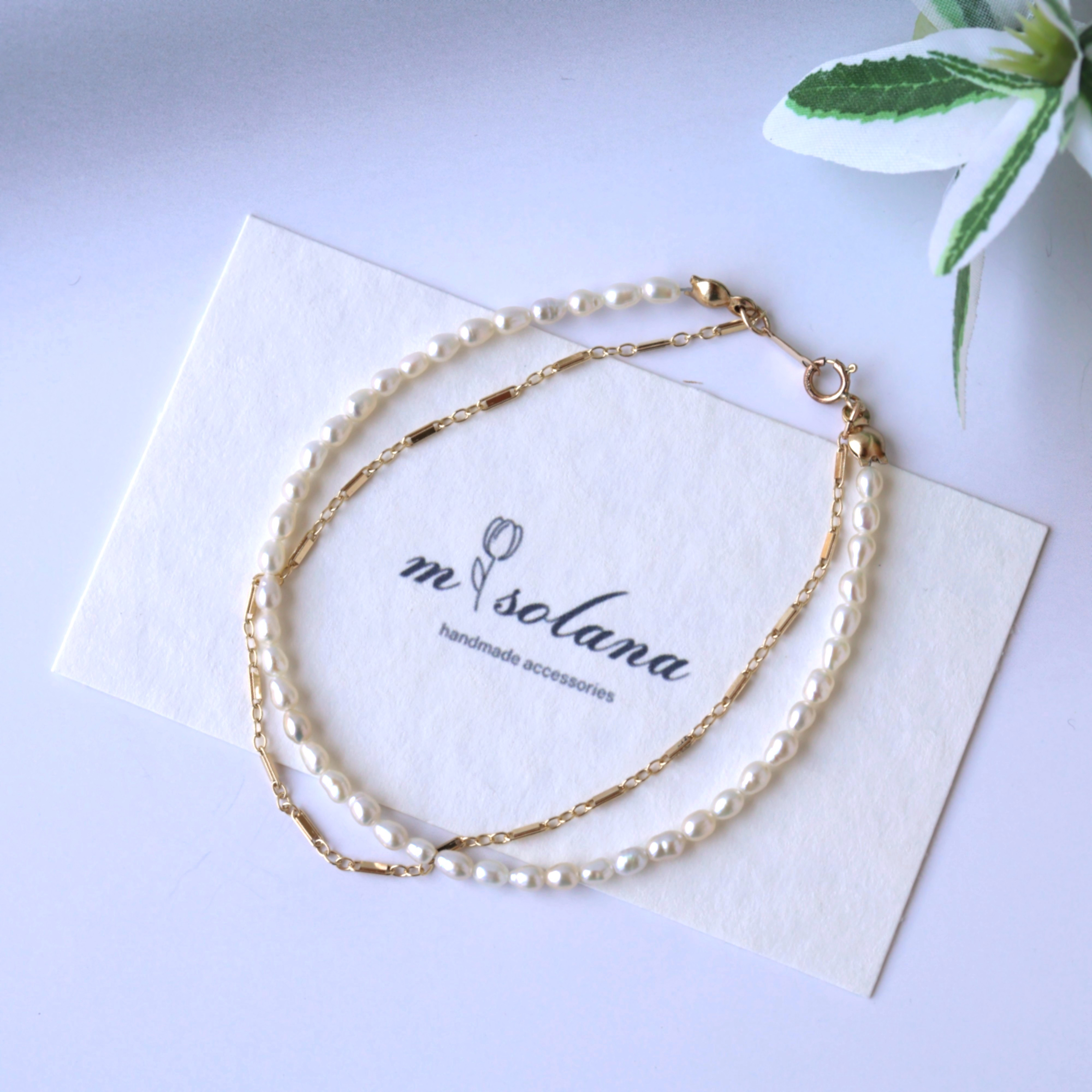 パールとチェーンの2連ブレスレット　パール　２連ブレスレット　14kgfブレスレット　仕事　シンプル　ハレの日