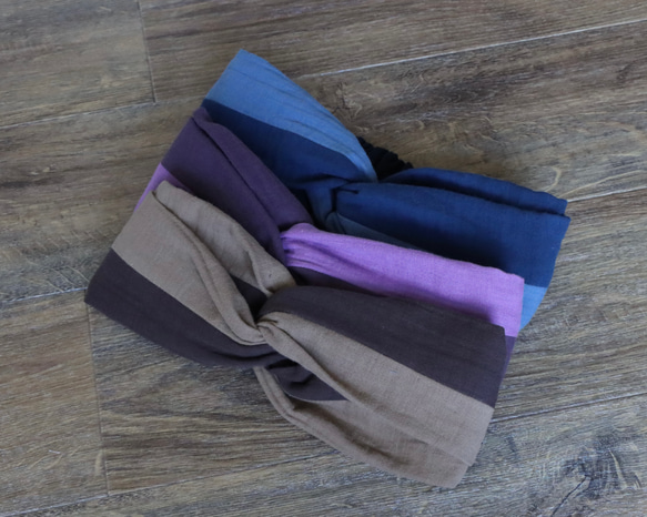 おうち時間のまとめ髪をお洒落に／ふわふわダブルガーゼトリプルカラーヘアバンド／パープル×ダスティパープル 8枚目の画像