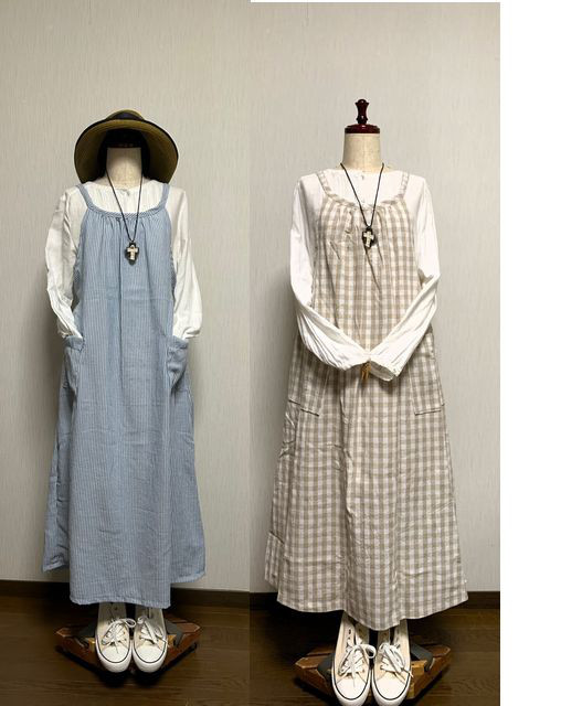 値下げ↓福袋  2着セール　ヒッコリーデニム調＆リネン　エプロンワンピース　エプロン　ワンピース