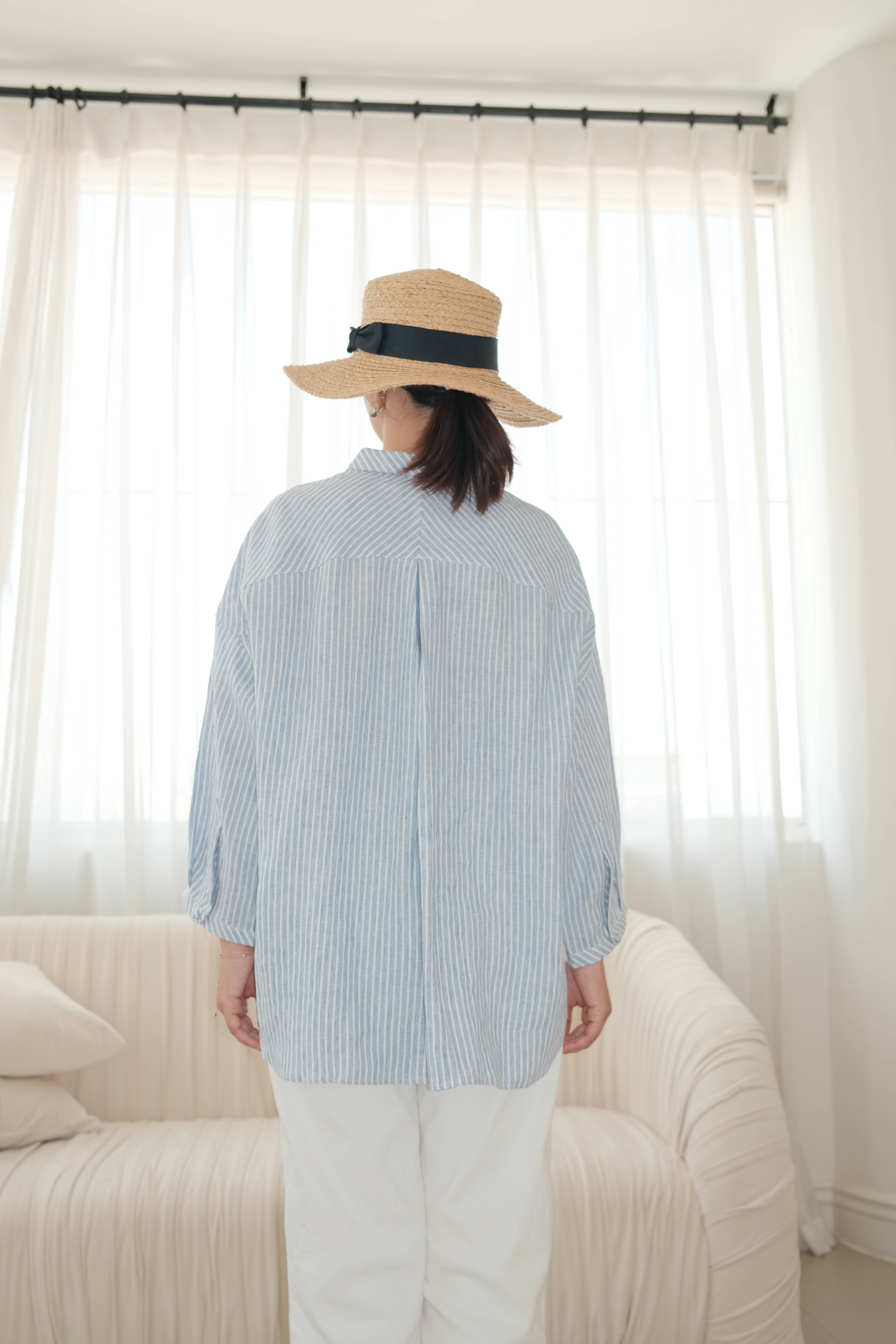 襟付きシャツ　リネン100％ ・ブルーストライプ