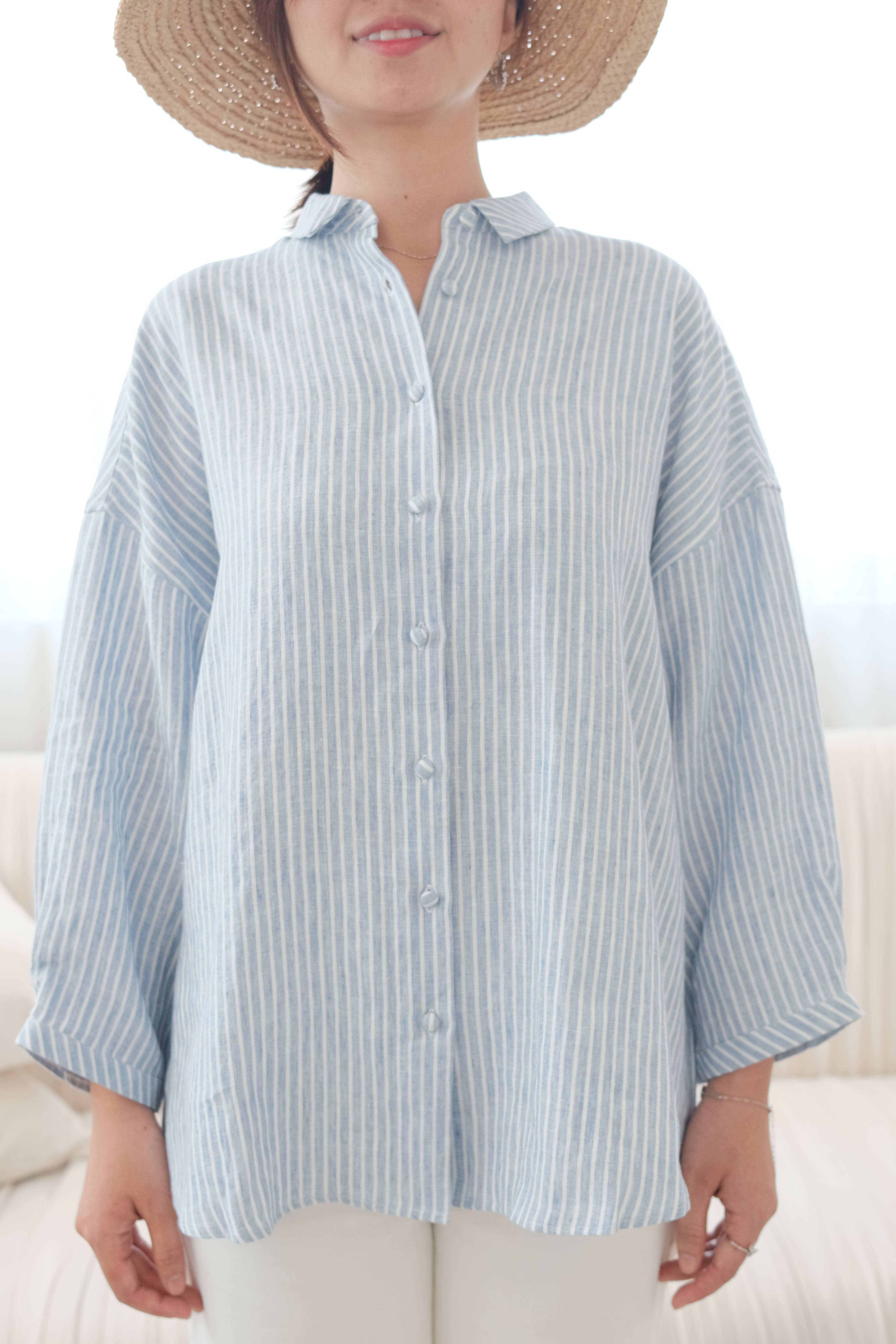襟付きシャツ　リネン100％ ・ブルーストライプ