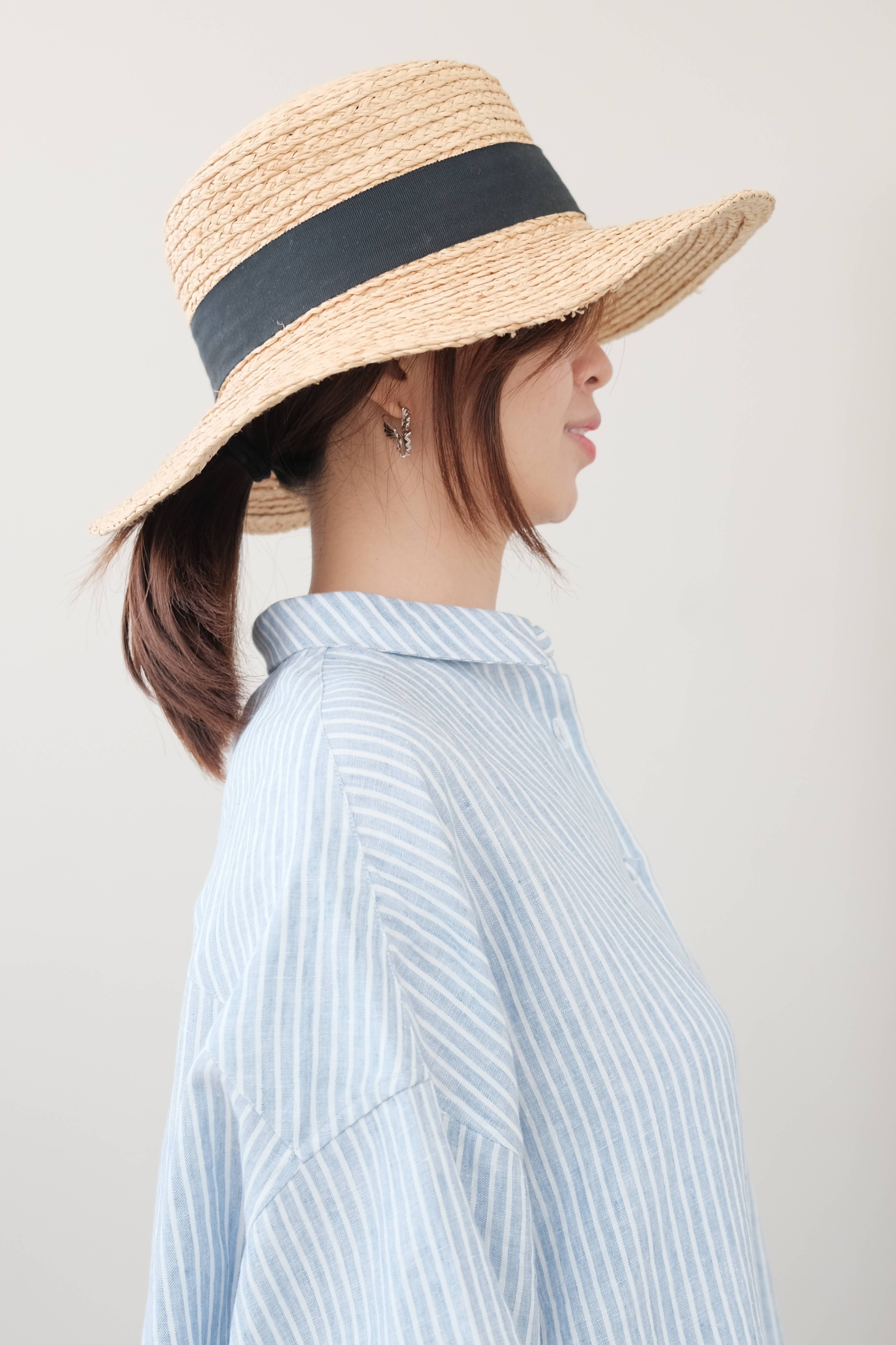 襟付きシャツ　リネン100％ ・ブルーストライプ