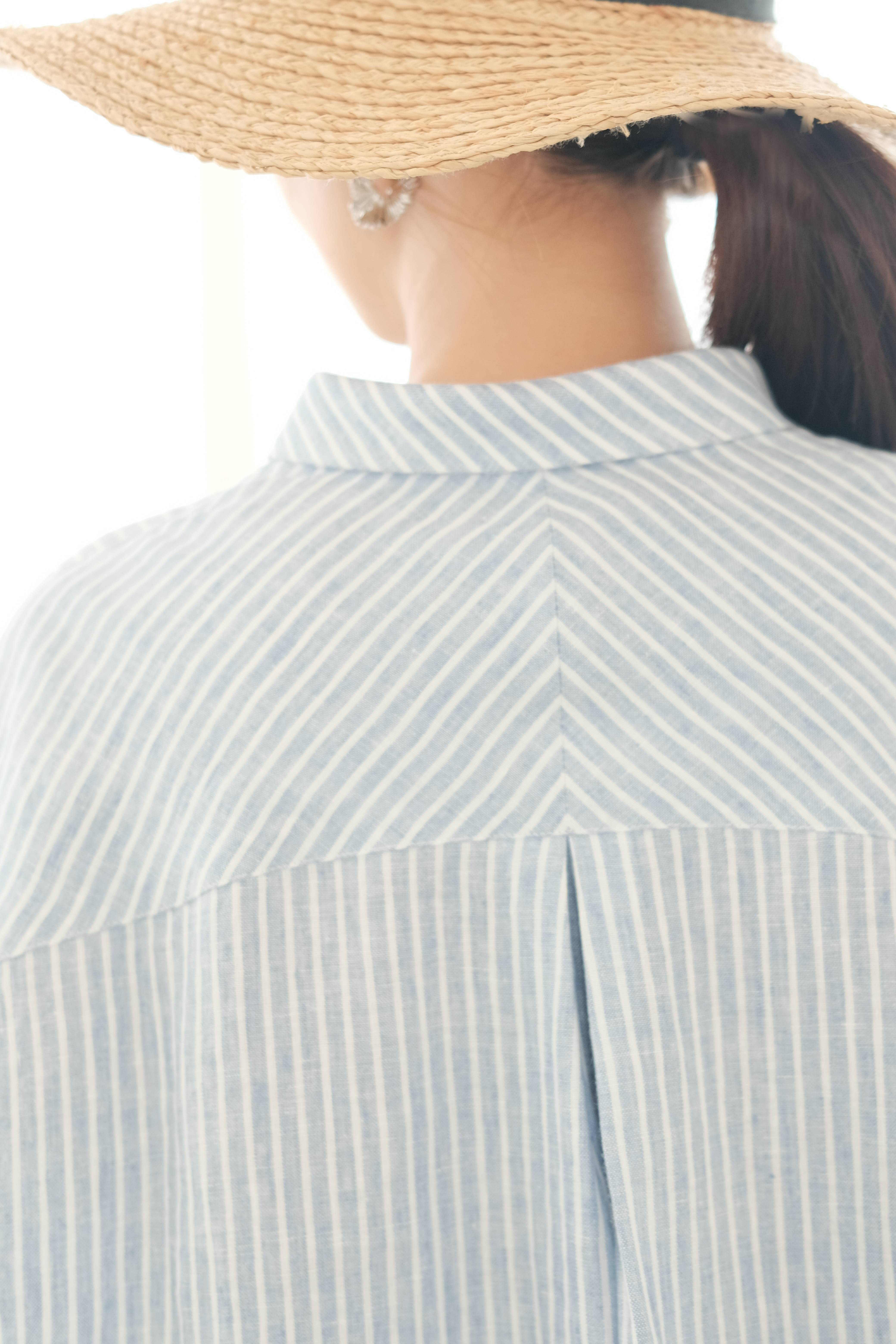 襟付きシャツ　リネン100％ ・ブルーストライプ