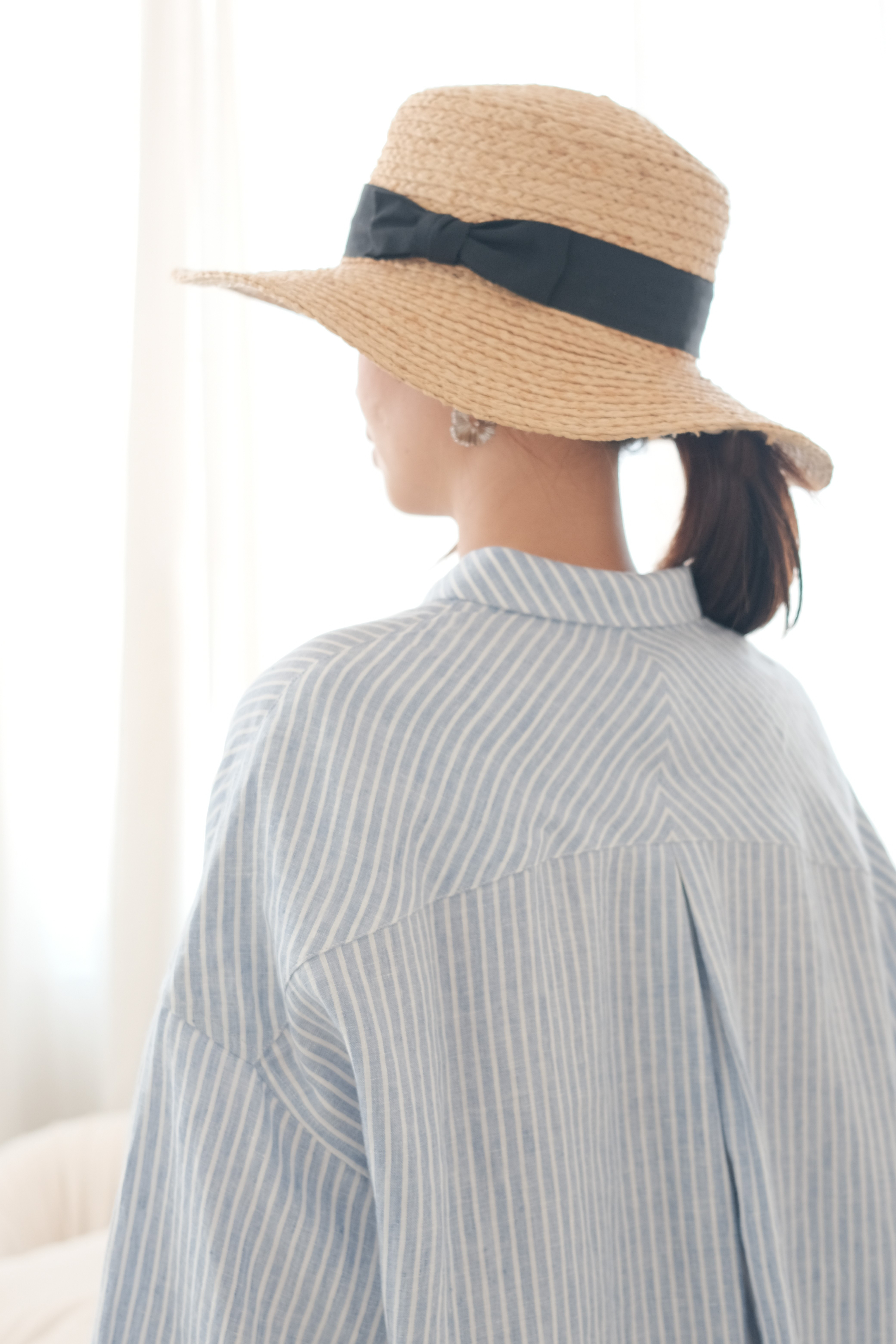 襟付きシャツ　リネン100％ ・ブルーストライプ