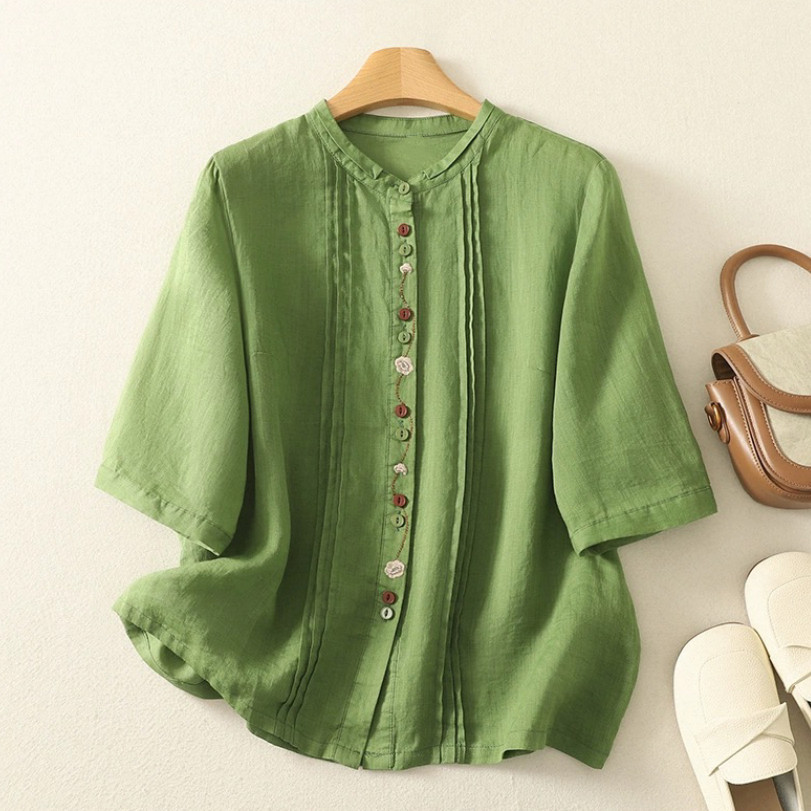 夏、綿麻シャツ、コットンリネンシャツ、シャツ、トップス、受注生産、刺繍