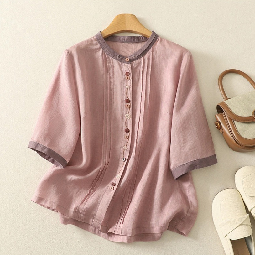 夏、綿麻シャツ、コットンリネンシャツ、シャツ、トップス、受注生産、刺繍