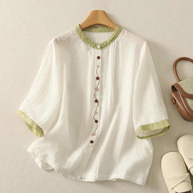 夏、綿麻シャツ、コットンリネンシャツ、シャツ、トップス、受注生産、刺繍