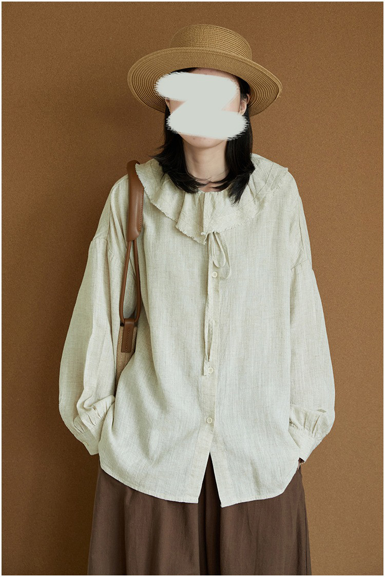 レディース リネンシャツ 長袖 フリルカラー 春夏 薄手トップス