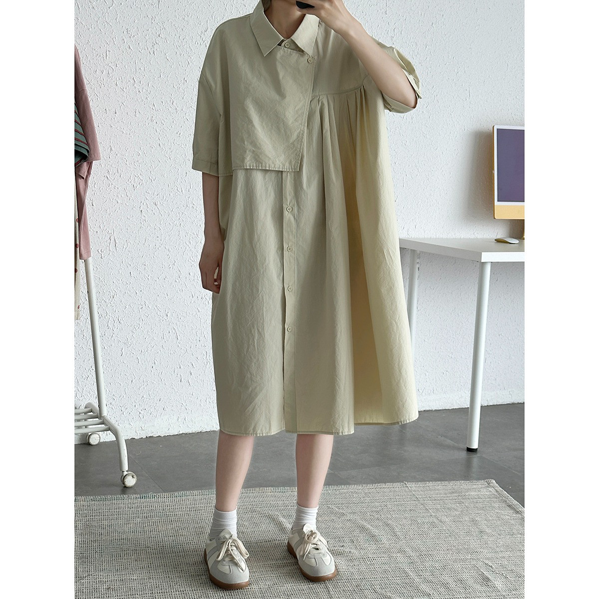 レディース 綿ワンピース 半袖 アシンメトリーデザイン ミモレ丈