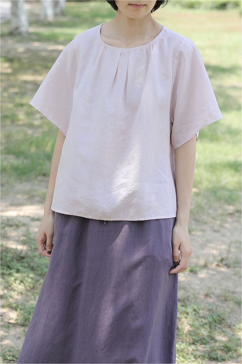 レディース ラミーシャツ 半袖 クルーネック ゆったり 涼感 薄手 夏トップス