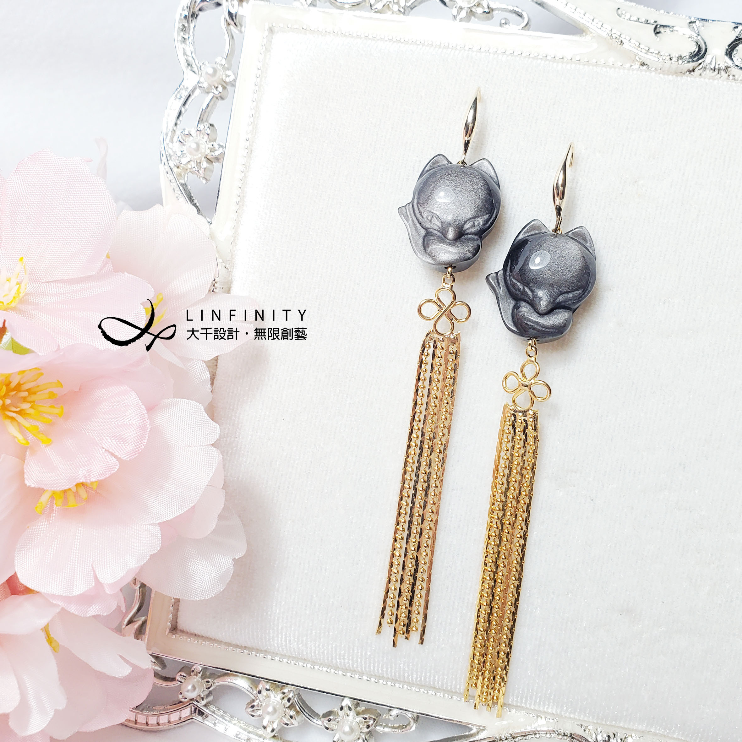 富、仕事での成功、ロマンスを引き寄せる最高級の銀製黒曜石のキツネの精霊神話の獣のイヤリング。贈り物に最適です。