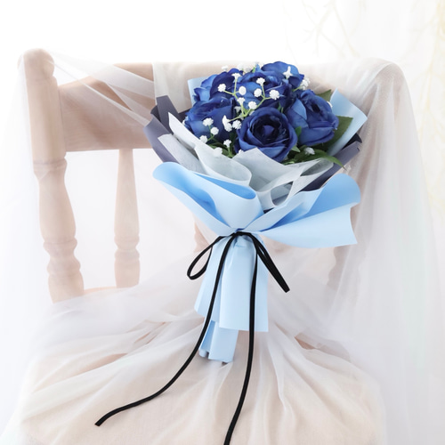 青バラ＆王冠付き プレゼント用花束／造花ブーケ／記念日・誕生日・プロポーズにも バラ 花束 12本 プロポーズ プリザーブドフラワー 【ローズスタンド
