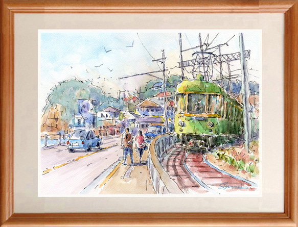 水彩画原画　江ノ電・小動岬から七里ケ浜へ　＃671 水彩画原画 江ノ電・小動岬から七里ヶ浜へ ＃671 絵画 syoumei