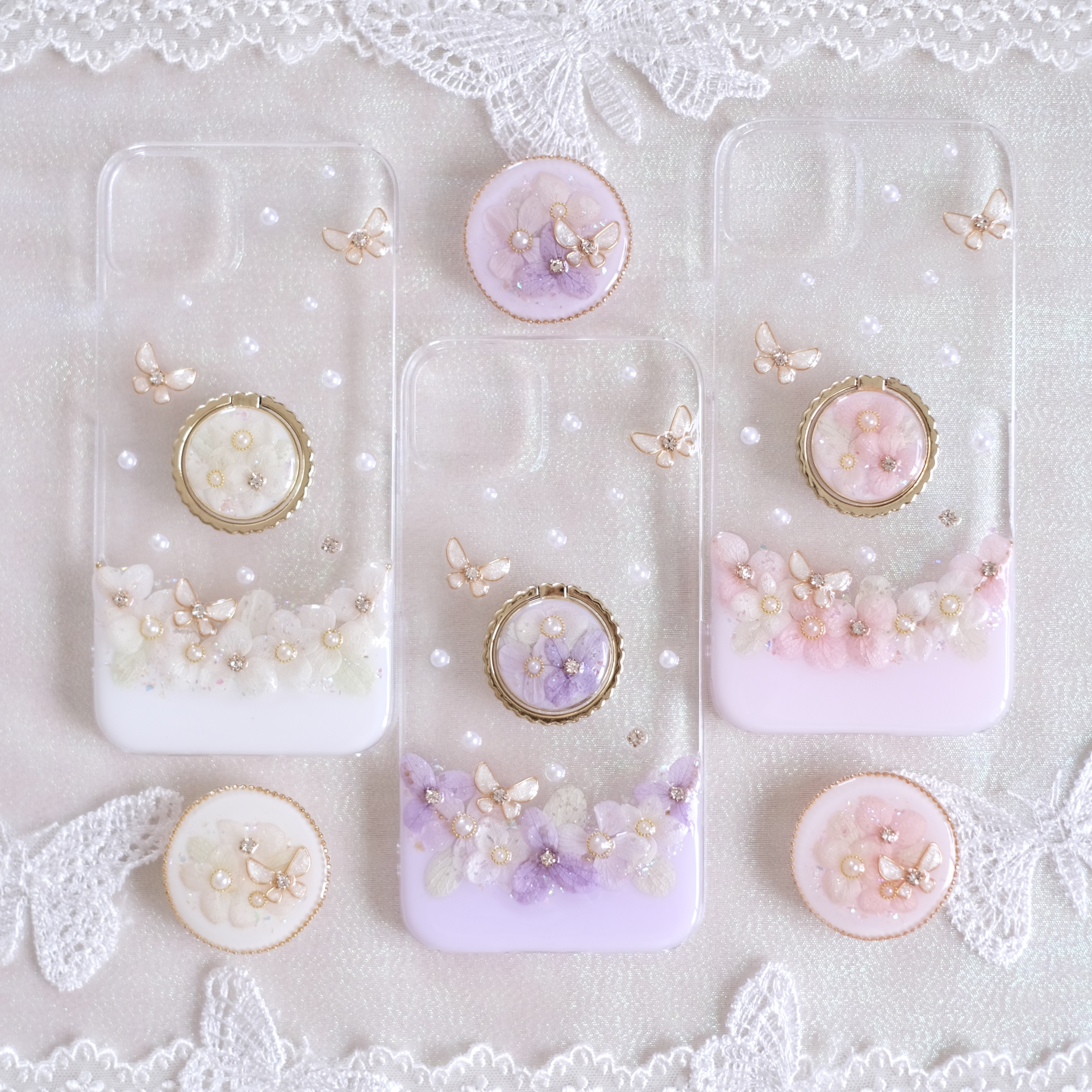 ❁リングorグリップ❁【全機種対応】紫陽花と蝶のバイカラー❁.*･ﾟスマホケース