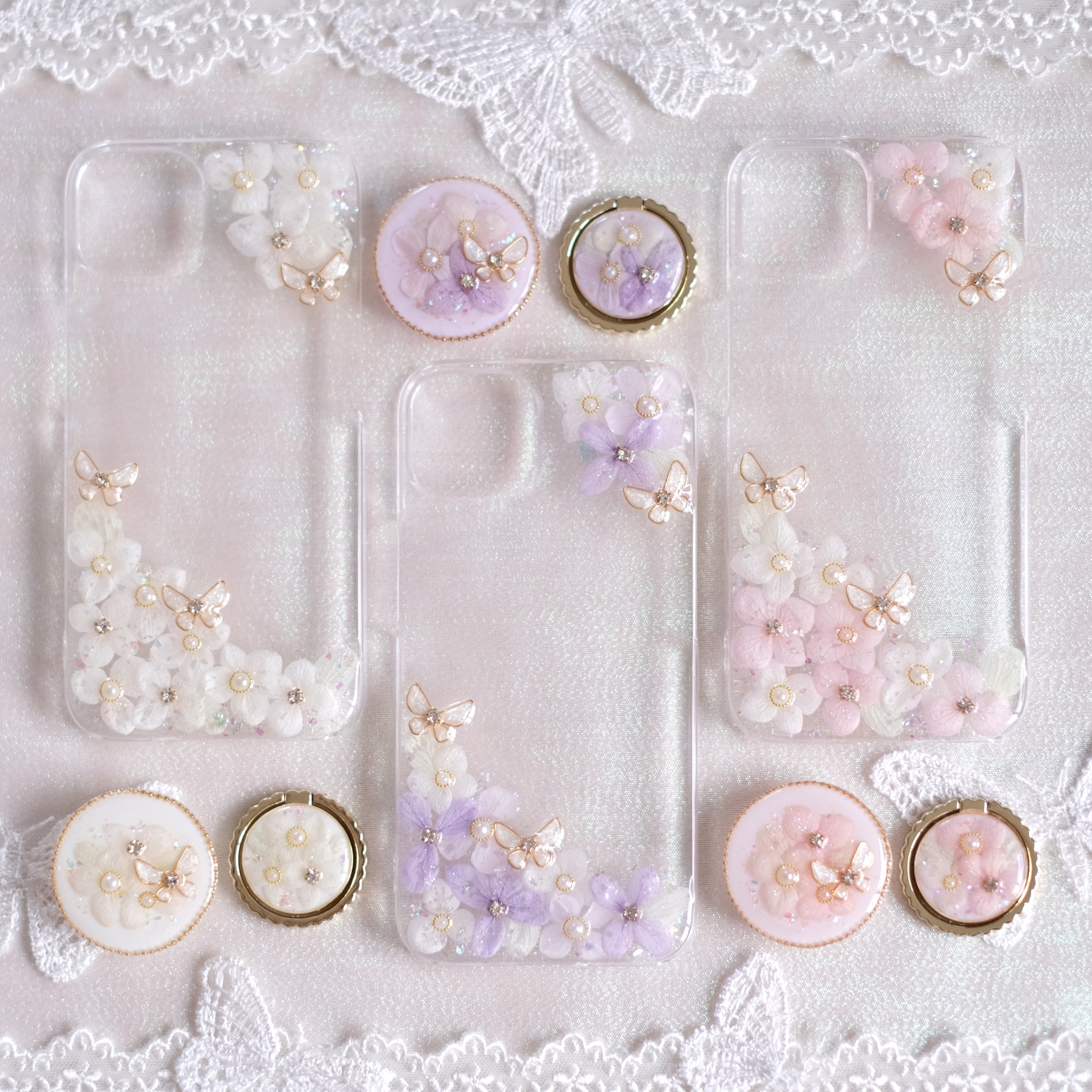 ❁リング・グリップ選択❁【全機種対応】紫陽花と蝶のフレーム❁.*･ﾟスマホケース