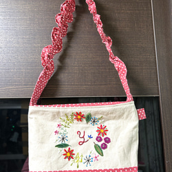 ワンショルダーバック　リネン✖️刺繍 ネイビータイプの花刺繍ワンショルダーバッグ トートバッグ 桃屋