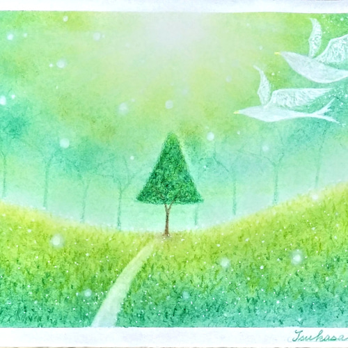 木漏れ日　オイルパステル原画　A4サイズ 木漏れ日 オイルパステル原画 A4サイズ