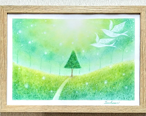 パステル画 海と木々を描いてみました。B5サイズです。 パステル画 海と木々を描いてみました。B5サイズです。 パステル