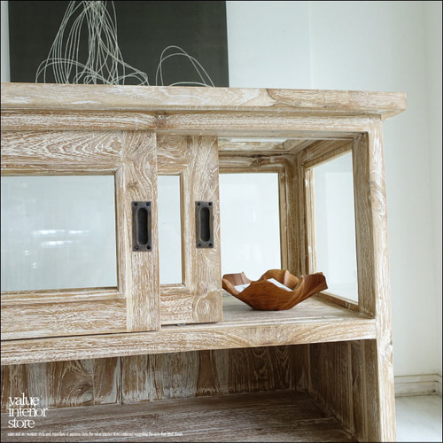 チーク無垢材 ショーケースカウンターQuese/90 ガラスケース 飾り棚