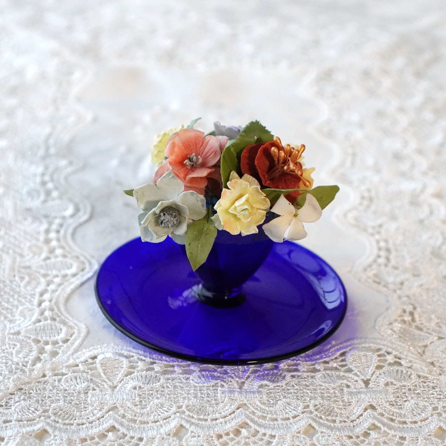 【 ブルーガラスの花束 】  クレイフラワー アレンジメント クレイアート 粘土 花 インテリア パンフラワー