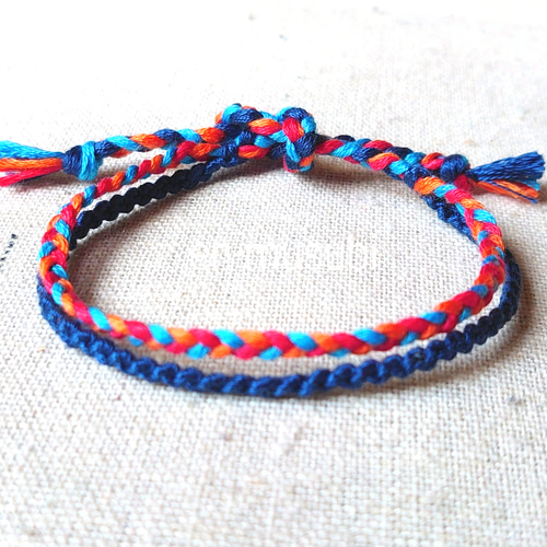 2連ミサンガ☆ネイビー✕赤&オレンジ&ターコイズブルー☆アンクレット