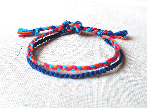 2連ミサンガ☆ネイビー✕赤&オレンジ&ターコイズブルー☆アンクレット