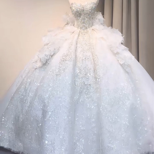 レース装飾付きホワイトウェディングドレス ウェブ限定 衣装ステージ ラッフルスカート 白ホワイト ウェディング