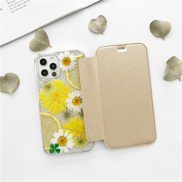 『レモン＆クローバー』 iPhone17Pro/17/17ProMax/GalaxyS25 押し花ケース 手帳型ケース