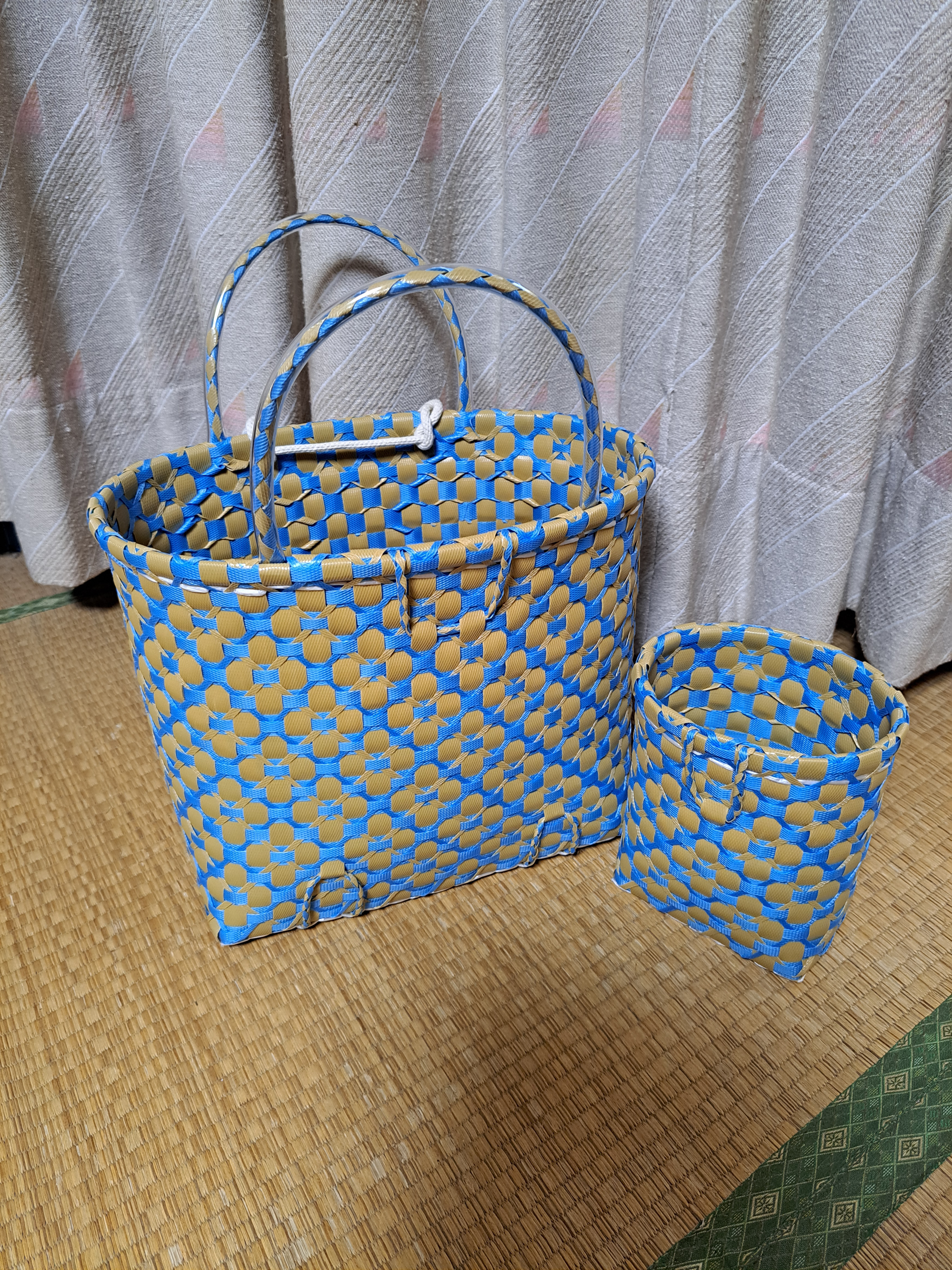 PPバンドかご(3用途仕様はけご　特大&ミニミニ長)、収穫かご、プラカゴ　模様b-オ-青