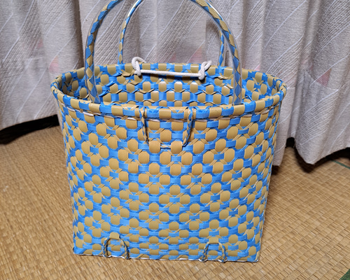 PPバンドかご(3用途仕様はけご 特大)、収穫かご、プラカゴ 模様b-オ-青